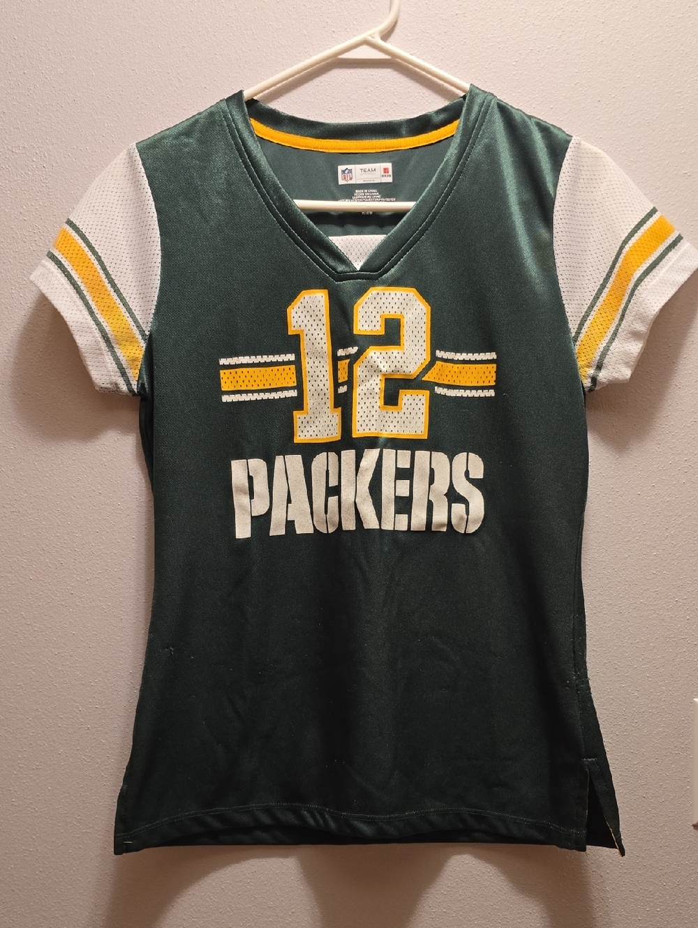 NFL Green Packers #12 Womans  Jersey Tee with White & Yellow Trim